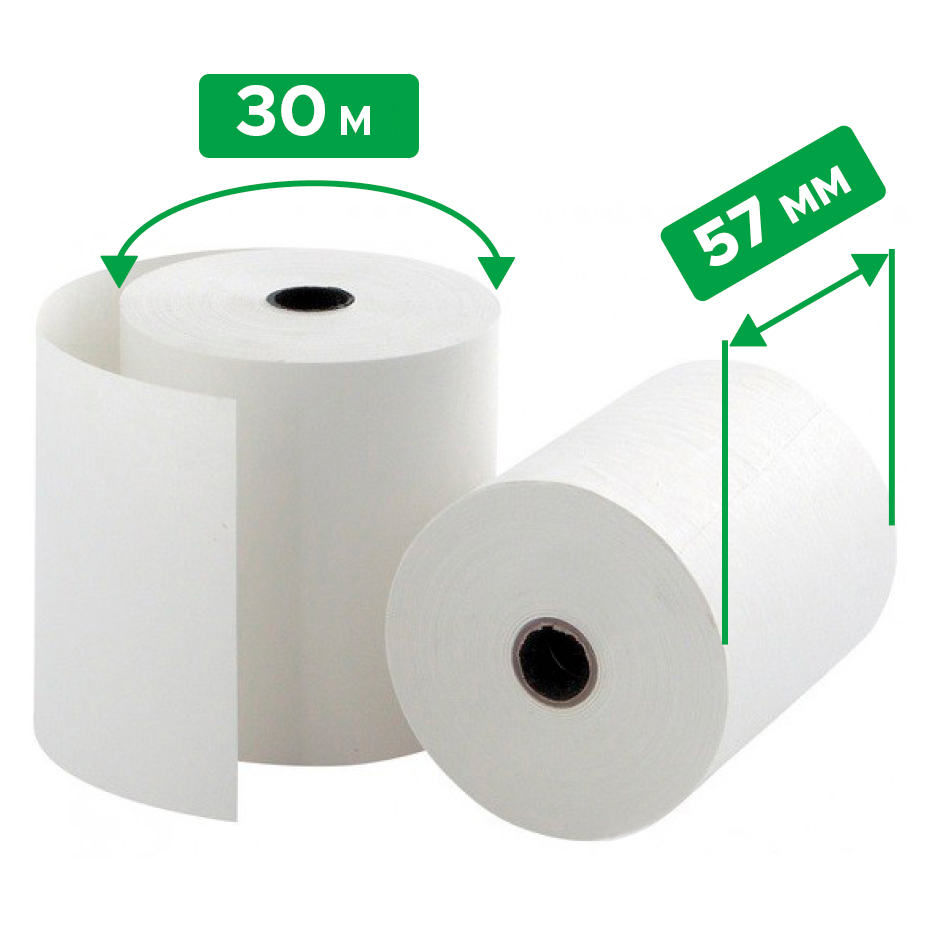 Термопапір у рулонах покритий спеціальним реактивним шаром (Касова стрічка), довжина 30 м., ширина 57 мм, щільність 48 гр/м2, втулка 12 мм БІОРІН